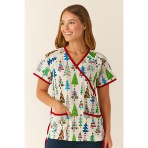 UA Christmas Holiday Print Tree Scrub Top Colorful Cotton Size Small White Red